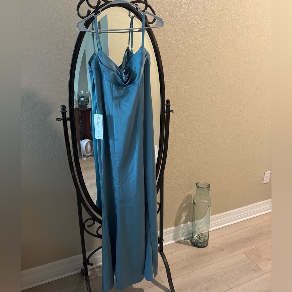 Barbie x Azazie Satin Moody Blue Bridesmaid dress A4 - Picture 3 of 3